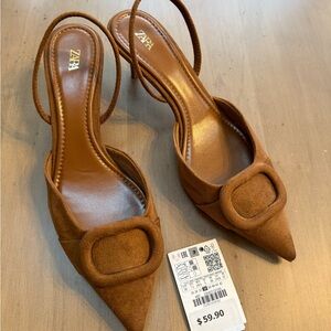 NWT Zara Women's Tan Pointed Slingback Appliqué Heels